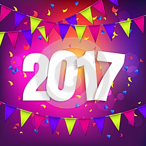 Happy New Year 2017 violet background with coljred flags garland and confetti. Greeting card design celebration. Vector