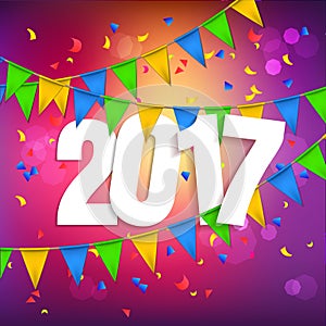 Happy New Year 2017 violet background with coljred flags garland and falling confetti. Greeting card design celebration with