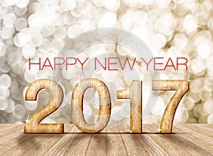 Happy new year 2017 wood number in perspective room with sparkling gold bokeh light and wooden plank floor