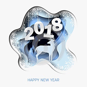 Happy New Year 2018 3d abstract paper cut illustration of deer, tree, snow in the night.