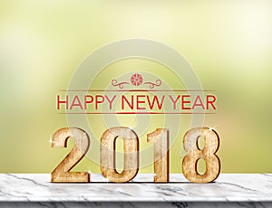 Happy new year 2018 3d rendering on marble table at green abst