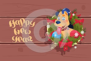 Happy New Year 2018 Banner Cute Dog In Garland On Wooden Textured Background