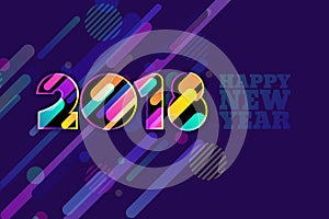 Happy New Year 2018 banner. Multicolor numbers with motion dynamic texture on dark blue background.