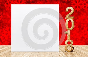 Happy new year 2018 with blank white greeting card in perspective room at sparkling red snowflakes bokeh wall and wooden plank fl