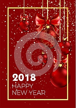Happy New Year 2018 Christmas ball decoration snowfakes pattern vector golden background