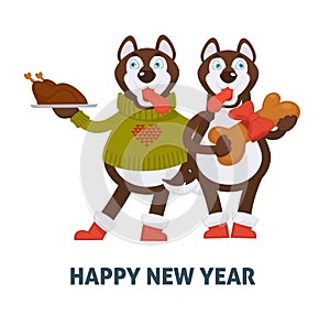 Happy New Year 2018 dogs cartoon with Christmas gingerbread cookie vector greeting card icon