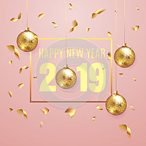 Happy New Year 2018 elegant pink background template with gold Christmas balls and confetti with a sparkle, text and shining