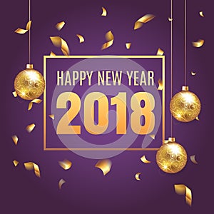 Happy New Year 2018 elegant purple background template with gold Christmas balls and confetti with a sparkle, text and