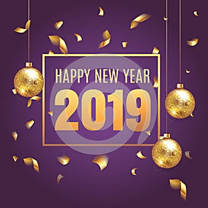 Happy New Year 2018 elegant purple background template with gold Christmas balls and confetti with a sparkle, text and