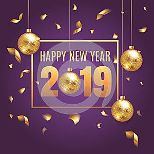Happy New Year 2018 elegant purple background template with gold Christmas balls and confetti with a sparkle, text and shining