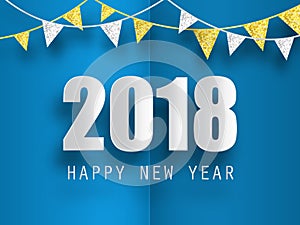 Happy New Year 2018 greeting card with 3d paper effect.