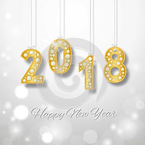 Happy New Year 2018 greeting card. Design with Golden number and diamonds.