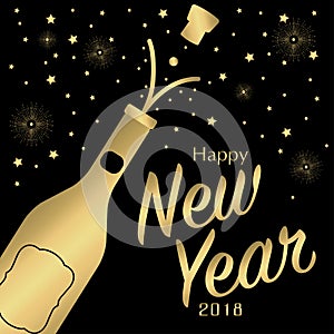 Happy New Year 2018 greeting card with gold bottle of wine and golden decoration