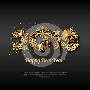 Happy New Year 2018 greeting card with golden numbers. Abstract holiday black glowing background.