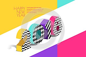 Happy New Year 2018 greeting card with multicolor numbers in 3d isometric style.