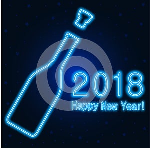 Happy New Year 2018 greeting card with neon light bottle of wine