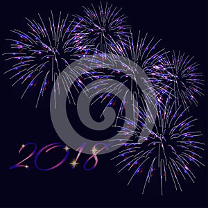 Happy New Year 2018 greeting card template with text and bright fireworks on dark blue background.