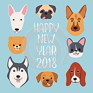 Happy New Year 2018 greeting card. Vector hand drawn dogs set.