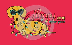 Happy New Year 2018, horizontal greeting card. Chinese year of yellow Dog. Congratulation with funny dachshund in
