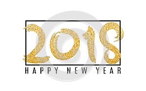 Happy new year 2018. Numbers of golden glitters on a white background. Black frame. Abstract background for your projects. Grunge