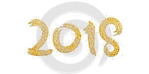 Happy new year 2018. Numbers of golden glitters on a white background. Gold sand. Abstract background for the banner. Brush in gru
