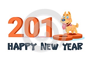 Happy New Year 2018 Poster With Cute Dog On White Background