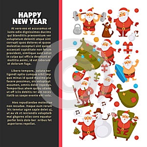 Happy New Year 2018 poster with Santa Clauses in traditional costume, sport suit and swimming trunks, snowman in hat