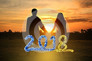 Happy new year 2018 ,Shadow image of couples holding hands with