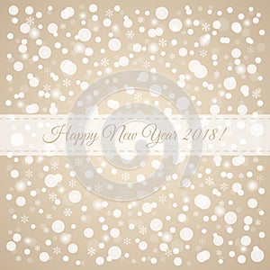 Happy New Year 2018 snowflakes pattern. Brown and white winter holiday congratulation card illustration. Vector snow background