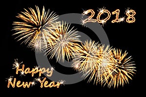 Happy new year 2018 text of gold color and golden fireworks