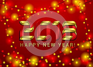 Happy New Year 2018 Vector Illustration on Shiny Red Background with 3d Number, Light Garland. Holiday Design Greeting