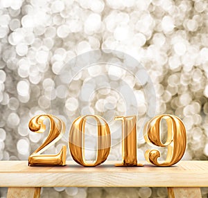 Happy New Year 2019 3d rendering gold glossy on modern wood ta