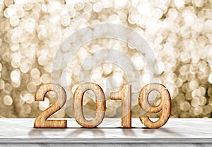 Happy new year 2019 3d rendering on grey marble table at gold
