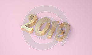 Happy new year 2019 3d rendering on marble table top with blur pastel color abstract bokeh background