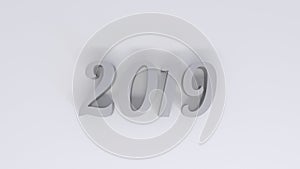 Happy new year 2019 3d rendering on marble table top with blur pastel color abstract bokeh background