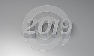 Happy new year 2019 3d rendering on marble table top with blur pastel color abstract bokeh background