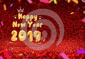 Happy new year 2019 3d rendering at perspective red sparkling