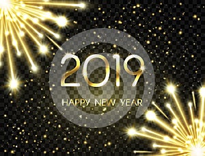 Happy New Year 2019 background with bright golden text, numbers glitter, fireworks, sparkles and stars. Happy holiday backdrop. Lu