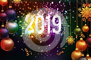 Happy new year 2019 background with christmas confetti gold and fireworks