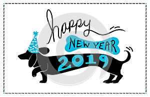 Happy New Year 2019 background design with cute fun dachshund doxie dog wearing blue party hat with bone pattern and 2019 typograp