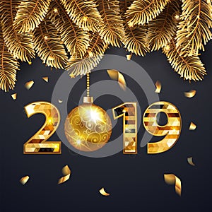 Happy New Year 2019 banner with golden fir-tree branches and confetti and shining lights. Rich, VIP, luxury Gold and black colors