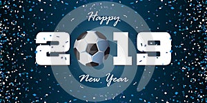 Happy New Year 2019 banner with paper confetti on blue background. Banner design template for New Year decoration.