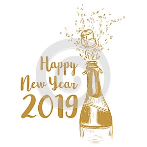 Happy New Year 2019. A bottle of champagne