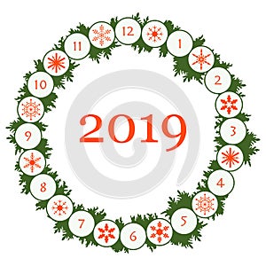 Happy New Year 2019 card. Christmas wreath.