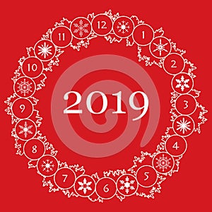 Happy New Year 2019 card. Christmas wreath.