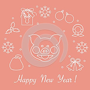 Happy New Year 2019 card. Christmas wreath, pig, gift tag, mistletoe, gift bag, balls, bells, snowflakes. Pig is a symbol of the