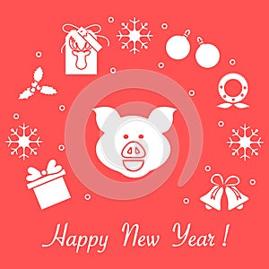 Happy New Year 2019 card. Christmas wreath, pig, gift tag, mistletoe, gift box, balls, bells, snowflakes. Pig is a symbol of the