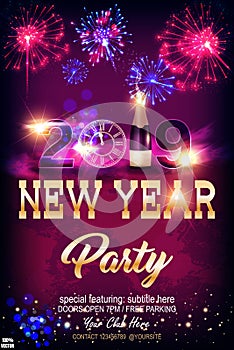 Happy New Year 2019 celebration concept with golden text, fireworks, champagne, golden clock in the night