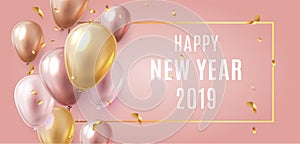 Happy New Year 2019 Celebration. Luxury Gold and Pink foil balloons with confetti in pink background. 3d ralistic vector