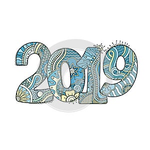 Happy New Year 2019 celebration number. Vector Xmas illustration in zentangle.